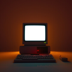 Vintage Desktop PC with Glowing Blank Screen in Low Light. 3D Rendering.