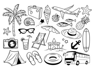 Set of different travel elements. Collection of summer vacation trip at sea. Exotic vacation. Vacation.  Travel abroad. Surfing. World tourism. Vector illustration isolated on white background.