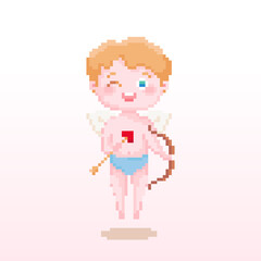 Pixel art cupid with bow and arrow winks illustration. Vector pixel angel boy choose a couple in pixelated mosaic retro game style. 8 bit vintage decor print for valentine day. 