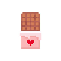 Pixel art chocolate bar illustration. Vector pixel chocolate with heart in pixelated mosaic retro game style. 8 bit vintage decor for valentine day. Pixel sweets isolated icon on white background.