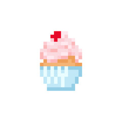 Pixel art mac cupcake aron illustration. Vector pixel sweet cake in pixelated mosaic retro game style. 8 bit vintage decor for valentine day. Pixel dessert with cream isolated icon on white background