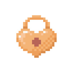 Pixel art lock illustration. Vector pixel heart-shaped lock in pixelated mosaic retro game style. 8 bit vintage decor for valentine day. Pixel heart lock isolated icon on white background.