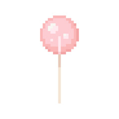 Pixel art candy illustration. Vector pixel lollipop in pixelated mosaic retro game style. 8 bit vintage decor for valentine day. Pixel sweets isolated icon on white background.