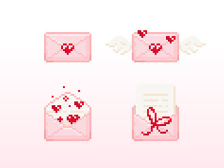 Valentine day love letters illustration set. Vector isolated elements. 14 February icons of open, closed, winged and sealed envelopes. Pixel art 8 bit design. Vector romantic geek collection.