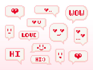 Valentine day text messages illustration set. Vector isolated elements. 14 February icons speech bubbles, chats, conversation frames. Pixel art 8 bit design. Wow, i love u, heart.