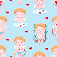 Valentine day seamless square pattern tile. Best for fabric or paper decorative design. Square vector pattern with cupid boy angel on clouds and around hearts. Sexy 8 bit style pixel art background.