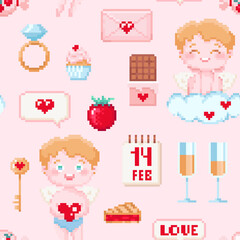 Valentine day seamless square pattern tile. Best for fabric or paper decorative design. Square vector pattern with cupid boy angel, chocolate, key, cake. Sexy 8 bit style pixel art background.