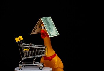 image of trolley rubber chicken money dark background 