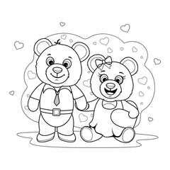 Coloring page. Two cartoon teddy bears in love