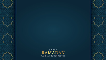 Ramadan Kareem, Islamic Arabic Blue Luxury Background with Golden Pattern Border Frame
