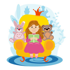 girl read book toys armchair kid reading books child children princess hobby pastime happy