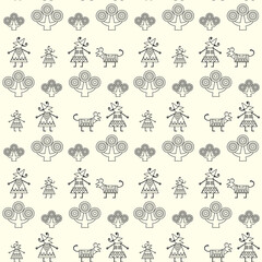 abstraction people dog trees geometric shapes seamless line pattern on white background simple