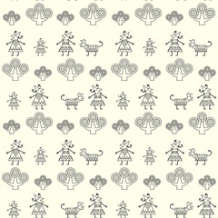 abstraction people dog trees geometric shapes seamless line pattern on white background simple