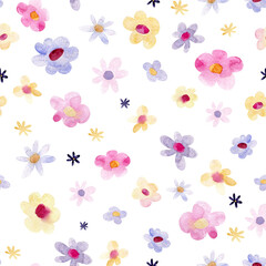 Watercolor seamless pattern with cute flowers doodle style. Perfect for fabric, textile, apparel or wrapping paper. Cute seamless pattern for you design. Great for nursery fabric, textile.