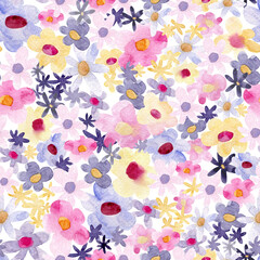 Watercolor seamless pattern with cute flowers doodle style. Perfect for fabric, textile, apparel or wrapping paper. Cute seamless pattern for you design. Great for nursery fabric, textile.