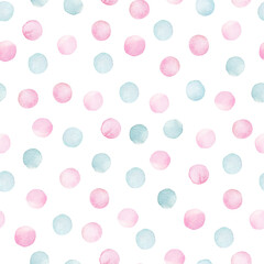 Watercolor seamless pattern polka dot pastel color. Hand drawn illustration isolated on white background. Perfect for wrapping paper, wallpaper, fabric or nursery textile - obrazy, fototapety, plakaty