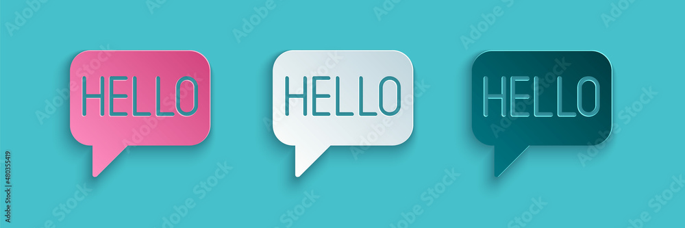 Poster paper cut hello in different languages icon isolated on blue background. speech bubbles. paper art s