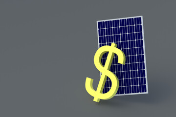 Lending for the development of green energy. The cost of clean electricity. Power plant profitability. Renewable energy investment. Dollar symbol and solar panel. Copy space. 3d render