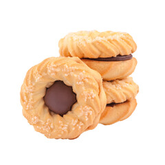 Ring shaped butter shortbread sandwich biscuits with chocolate cream filling sprinkled with sugar