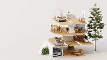 Isometric home office in HOME alphabet shape, concept of work from home, goal of life, Work Life Balance with furniture used in daily life. in white and wood tones, 3D rendering and illustration. - 480356656