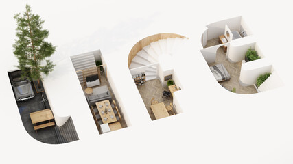 Isometric home office in LIFE alphabet shape, concept of work from home, goal of life, Work Life Balance with furniture used in daily life. in white and wood tones, 3D rendering and illustration.