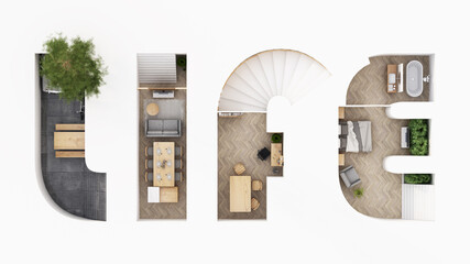 Isometric home office in LIFE alphabet shape, concept of work from home, goal of life, Work Life Balance with furniture used in daily life. in white and wood tones, 3D rendering and illustration.