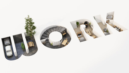 Isometric home office in WORK alphabet shape, concept of work from home, goal of life, Work Life Balance with furniture used in daily life. in white and wood tones, 3D rendering and illustration.