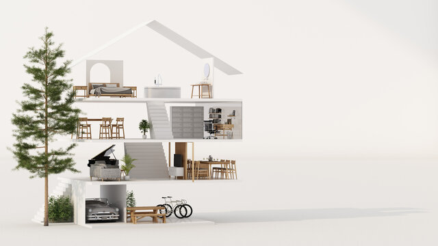 A cross section of a house. concept of work from home, goal of life, Work Life Balance with furniture used in daily life. in white and wood tones, 3D rendering and illustration.