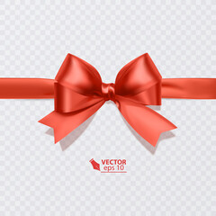 Shiny red satin ribbon on white background. Vector red bow. Red bow and red ribbon.