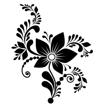 Decorative composition of flowers, leaves, elements of berries and swirls in black on a white isolated background. Black floral stencil for design.