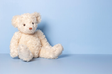 Toy background. White teddy bear sitting on light blue background. Front view