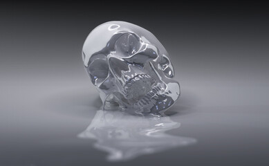 Concept illustration from 3d rendering of shiny silver melting screaming skull sculpture on a silver liquid pool with reflection.