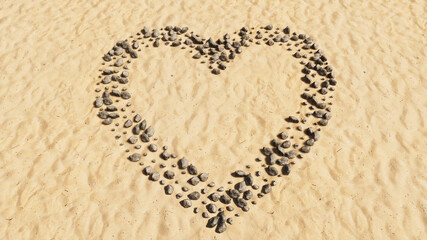 Concept or conceptual stones on beach sand handmade symbol shape, golden sandy background, like icon. 3d illustration metaphor for love, popular, trendy, health, romance and marriage
