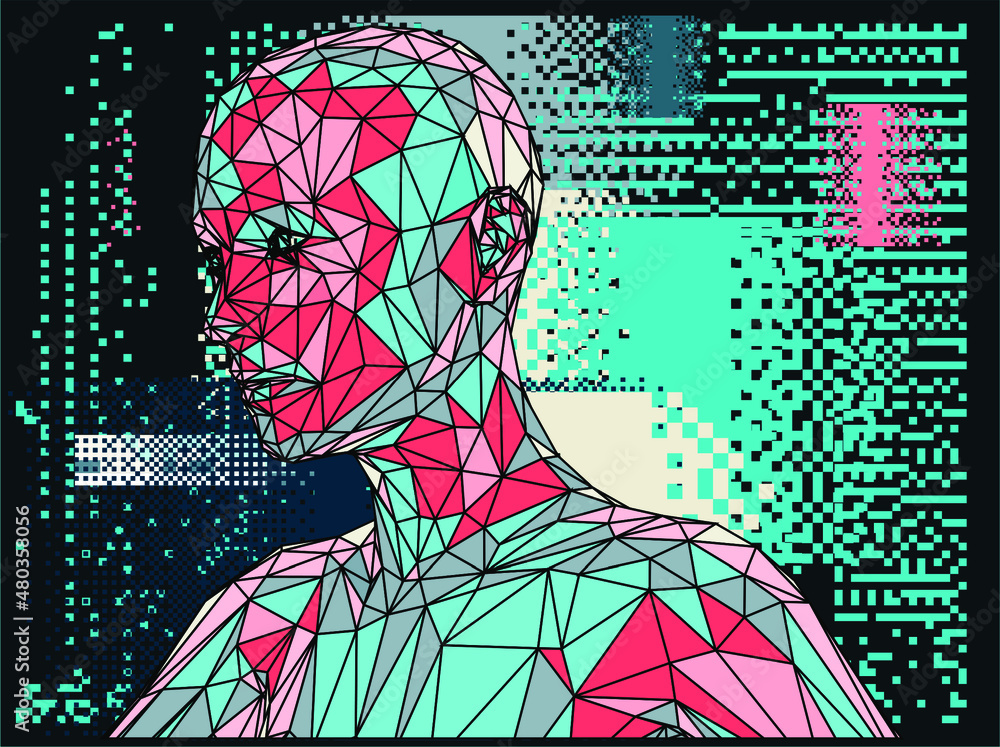 Poster abstract 3d illustration of a human head made of many particles. concept of the artificial intellige