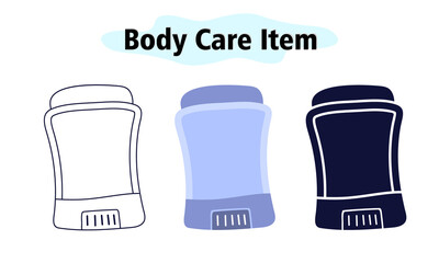 Solid deodorant in a plastic case to combat unpleasant odors in the armpits. Body care. Vector illustration in color, solid and linear design on a white background.