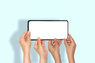 Mobile offer. closeup hands people holding a huge cellphone with empty white screen. recommending cool new app or website, offering space for your ad, mockup