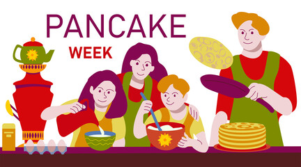Нappy family cooks pancakes. Pancake day. Holiday banner. Illustration in a flat cartoon style on a white background. The Russian holiday of Maslenitsa.