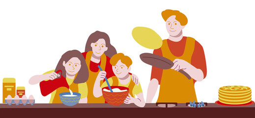 Нappy family cooks pancakes. Holiday banner. Illustration in a flat cartoon style on a white background. The Russian holiday of Maslenitsa. Shrovetide Week. Pancakes day