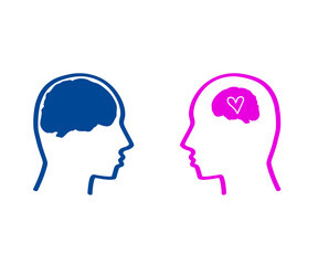 Human brain and head on a white background. Male and female thinking. Symbol. Vector illustration.