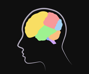Human brain and head on a black background. Symbol. Vector illustration.