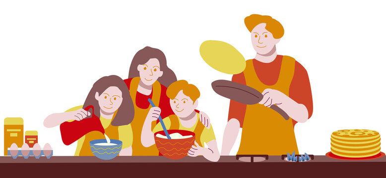 Нappy family cooks pancakes. Holiday banner. Illustration in a flat cartoon style on a white background. The Russian holiday of Maslenitsa. Shrovetide Week. Pancakes day - Powered by Adobe