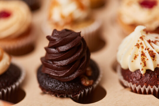 Cupcake with chocolate cream between different muffins