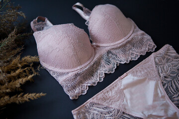 woman pink lace bra, panties lingerie near pampas grass on black. Shopping-fashion wardrobe concept