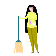 Chinese cleaning lady with mop and cleaning agent in a bottle. Vector illustration.