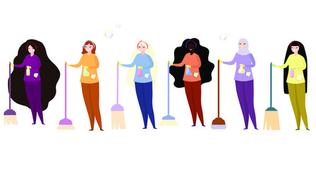 Obraz premium Women cleaners with brooms, mops, detergents. Vector illustration.