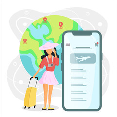 Woman booking a hotel and travelling. Worldwide travel illustration