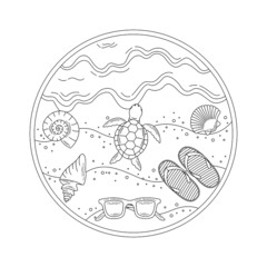 at the beach illustration in outline or doodle style