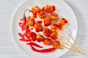 Luk Chin Ping, thai meatball skewers, top view