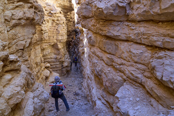 View inside a deep dry canyon in a remote desert region. High walls of a narrow canyon of wadi Hava in the Negev Desert. Hikers on hiking trail in a heart of the desert. 