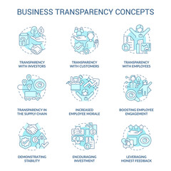 Business transparency turquoise concept icons set. Sharing information. Trustful company idea thin line color illustrations. Isolated outline drawings. Roboto-Medium, Myriad Pro-Bold fonts used